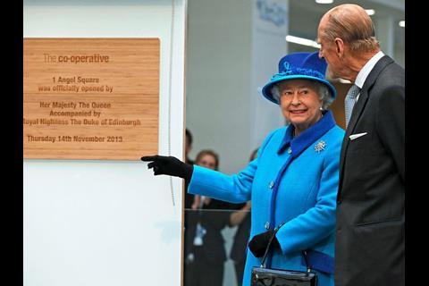 The Queen and the Duke of Edinburgh officially open the Co-op's One Angel Square headquarters in Manchester in November 2013